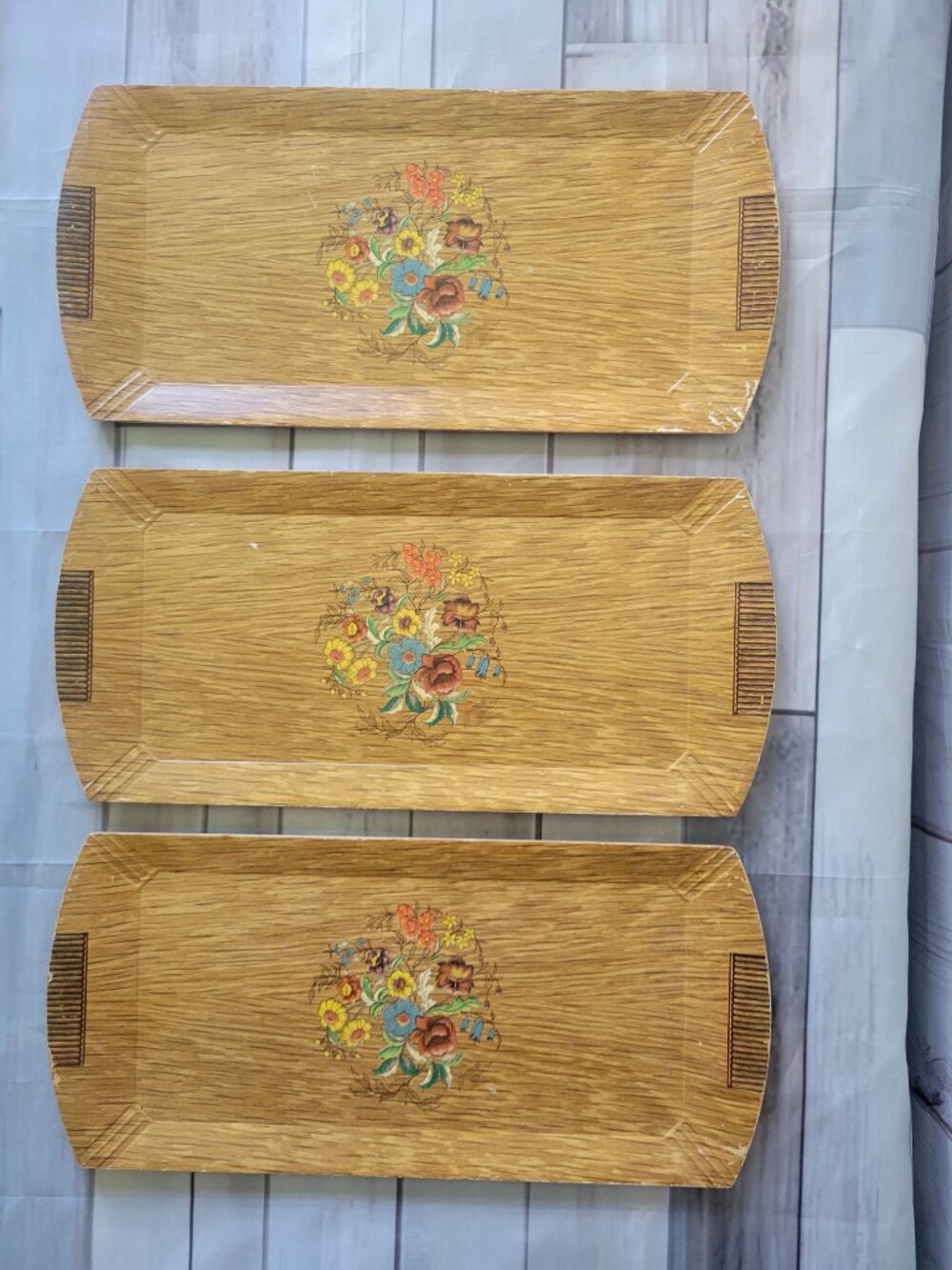 Vintage MCM Hasko Lithograph Paper TV Tray w/ Flowers, Lot of 3 wood trays.